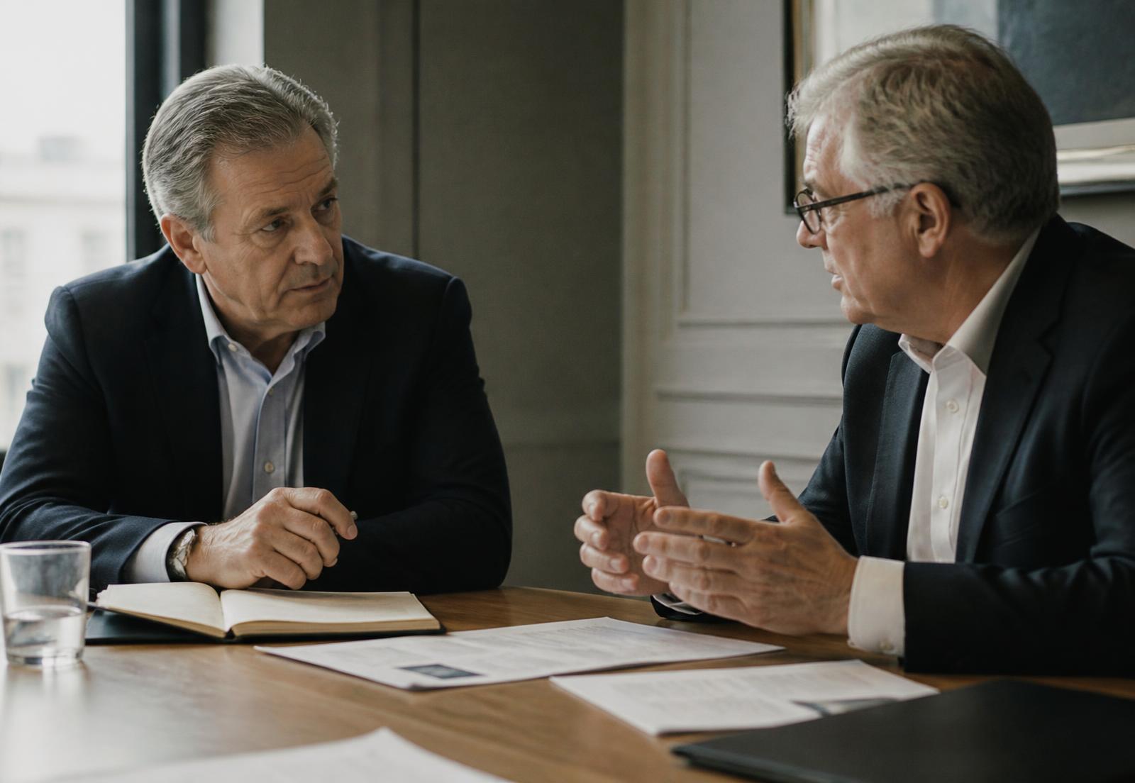 Two senior executives working through a business problem across a meeting table