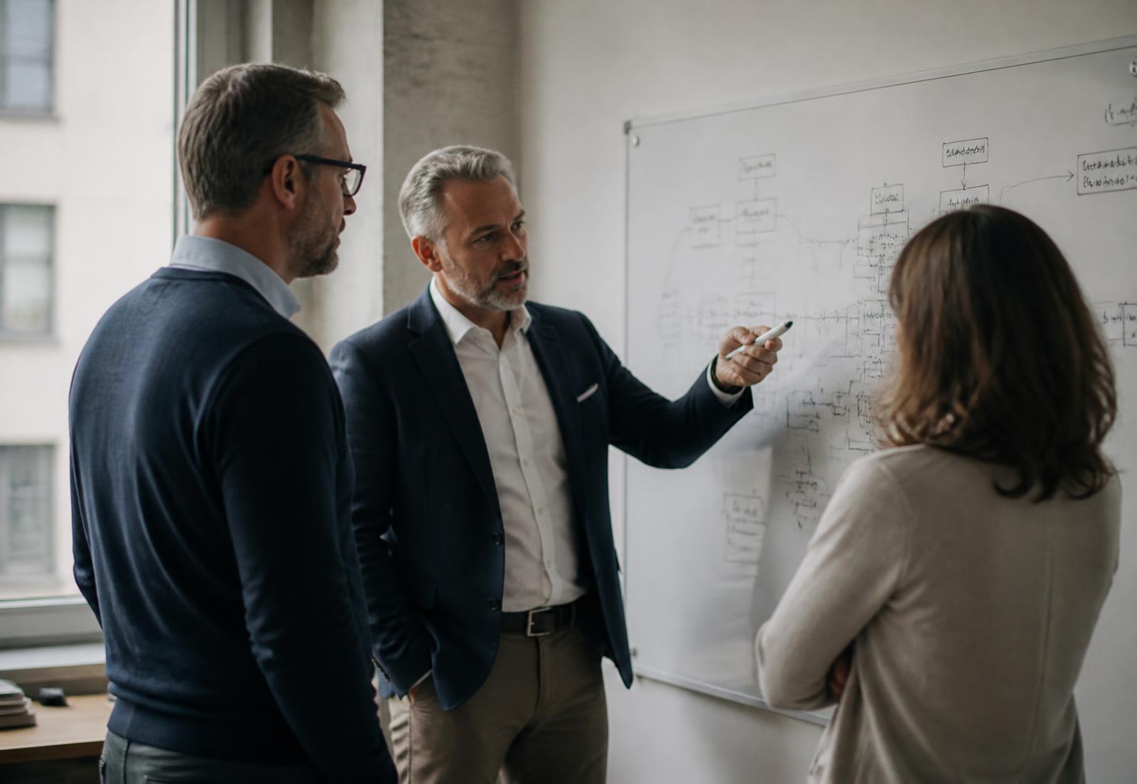Three senior leaders working through a process diagram on a whiteboard